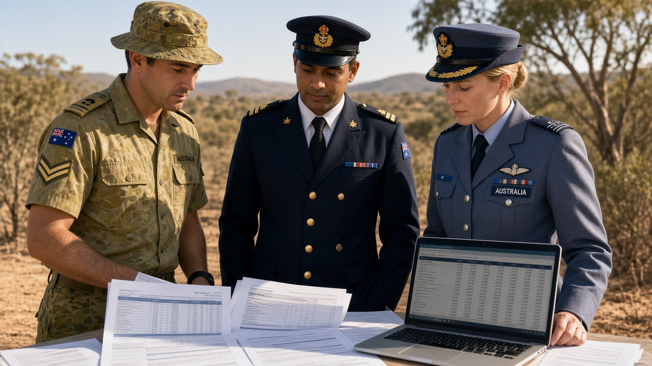 Australian Army, Navy, and Air Force members reviewing Military Salary tables together at an outdoor briefing