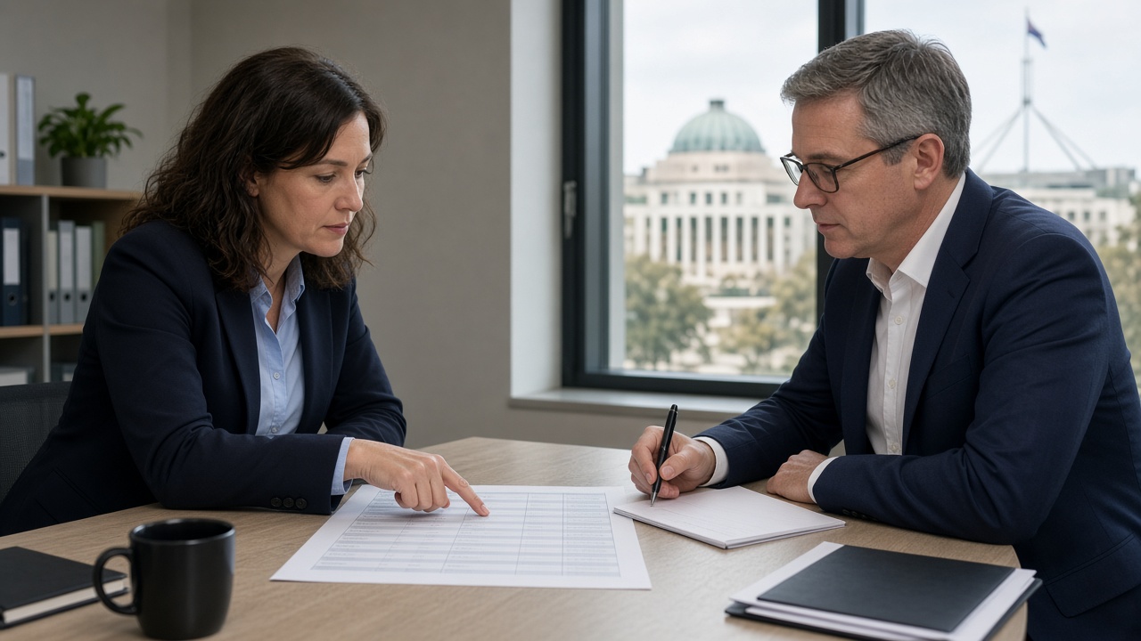 APS salary 2026 classification chart reviewed by two public servants in a Canberra office