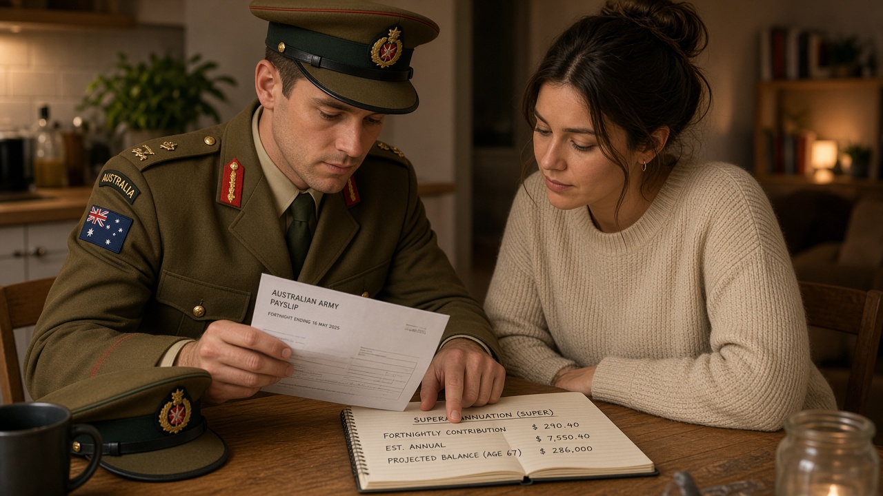 Australian Army lieutenant reviewing a fortnightly payslip and superannuation notes at home