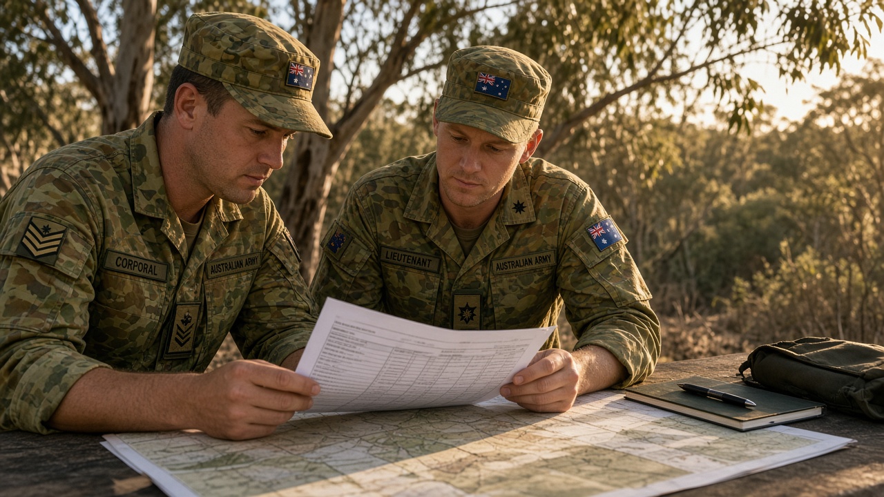 Australian Army corporal and lieutenant comparing rank pay-group notes at a field planning table