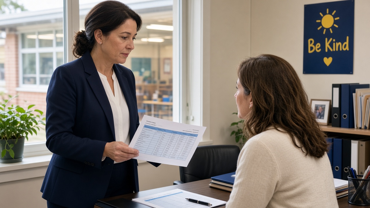 An NSW assistant principal reviewing a school salary schedule in a primary school office