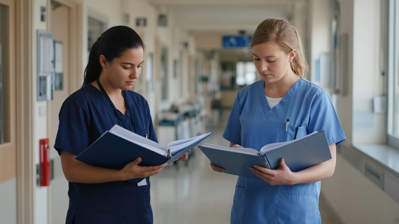 An enrolled nurse and a registered nurse comparing separate roster folders in a New South Wales hospital corridor