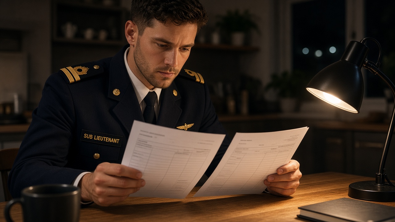 Royal Australian Navy officer reviewing a fortnightly payslip against Defence salary notes at home