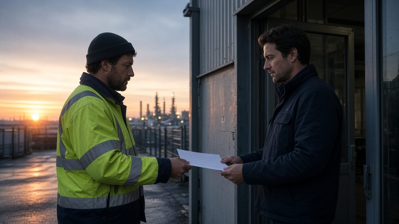 A shiftworker in a high-visibility jacket handing a roster to a day-shift colleague at dawn