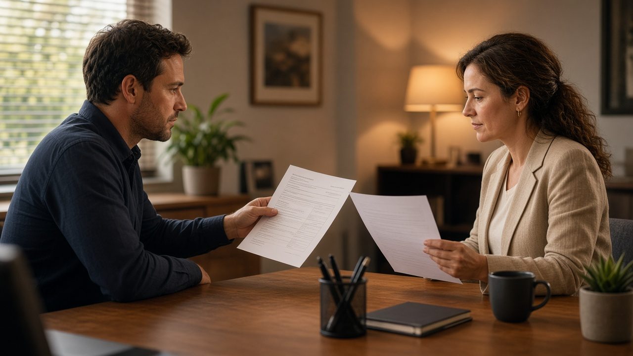Two employees at a payroll desk, one with a tax file number declaration and one with a weekly payslip
